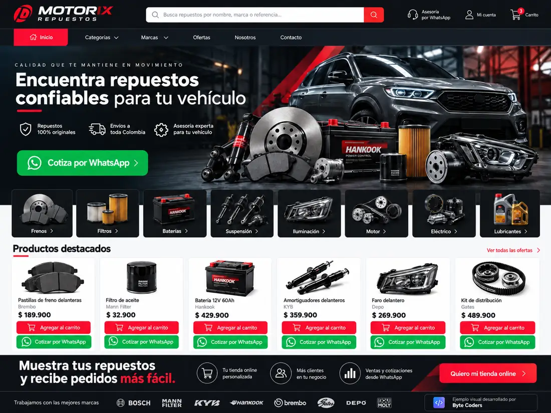 Ejemplo visual de Motorix Repuestos: portada con repuestos para vehículos, categorías y productos destacados