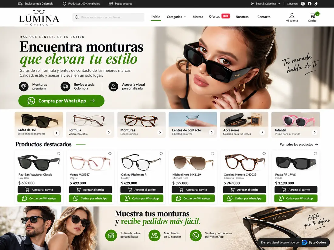 Ejemplo visual de Lúmina Óptica: portada de monturas, categorías y productos destacados