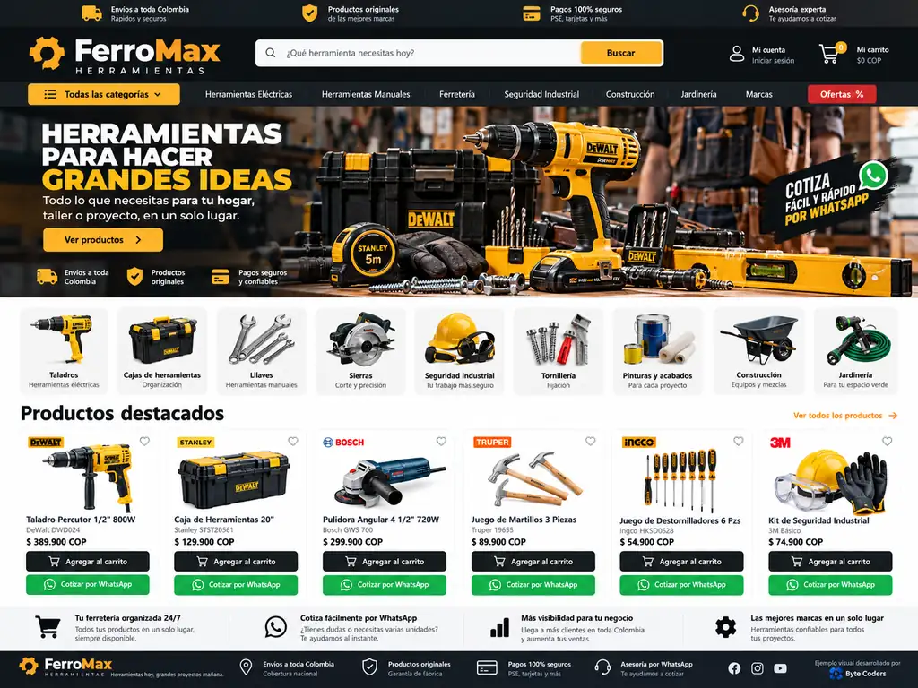 Ejemplo visual de FerroMax Herramientas: portada de herramientas, categorías y productos destacados