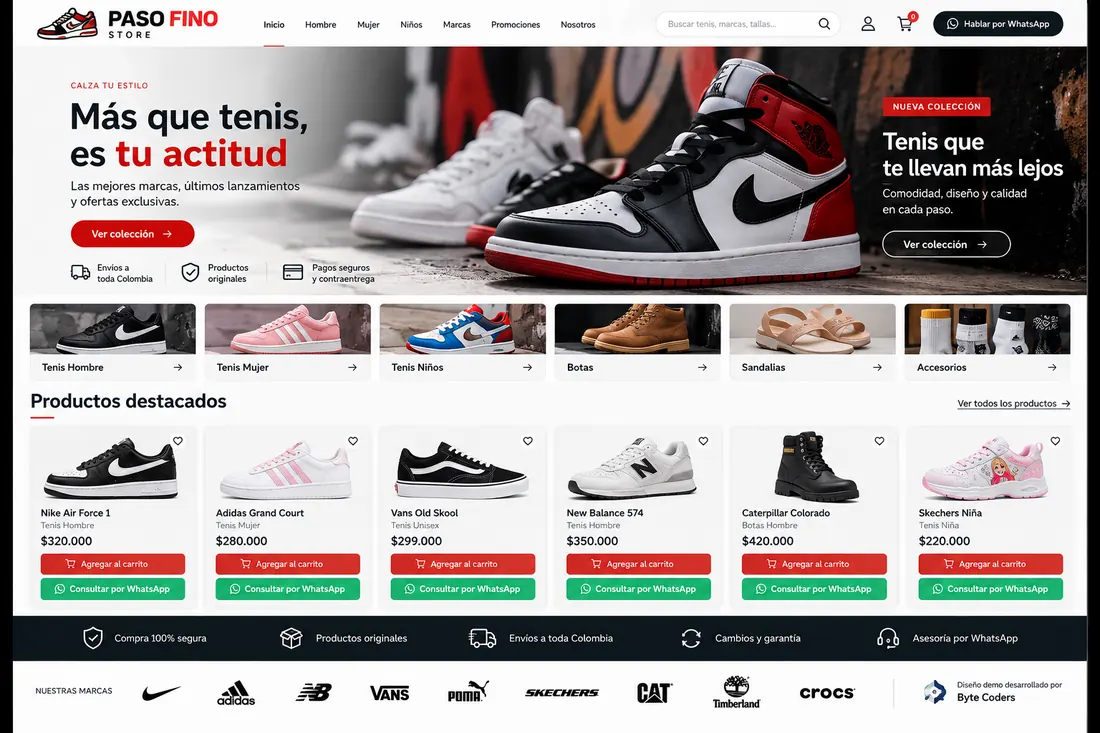 Ejemplo visual de Paso Fino Store: portada de calzado, categorías y productos destacados