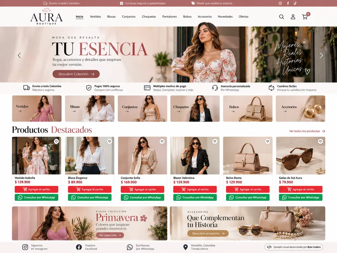 Ejemplo visual de Aura Boutique: portada de ropa, colecciones y productos destacados