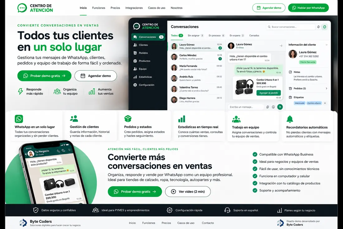 Ejemplo visual de Centro de Atención: pantalla de conversaciones y clientes organizadas