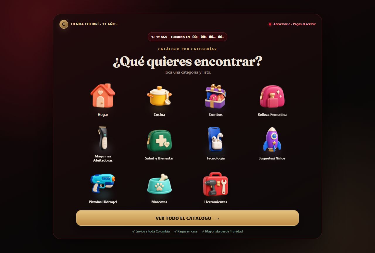 Captura real de Tienda Colibrí: catálogo visual de productos por categoría