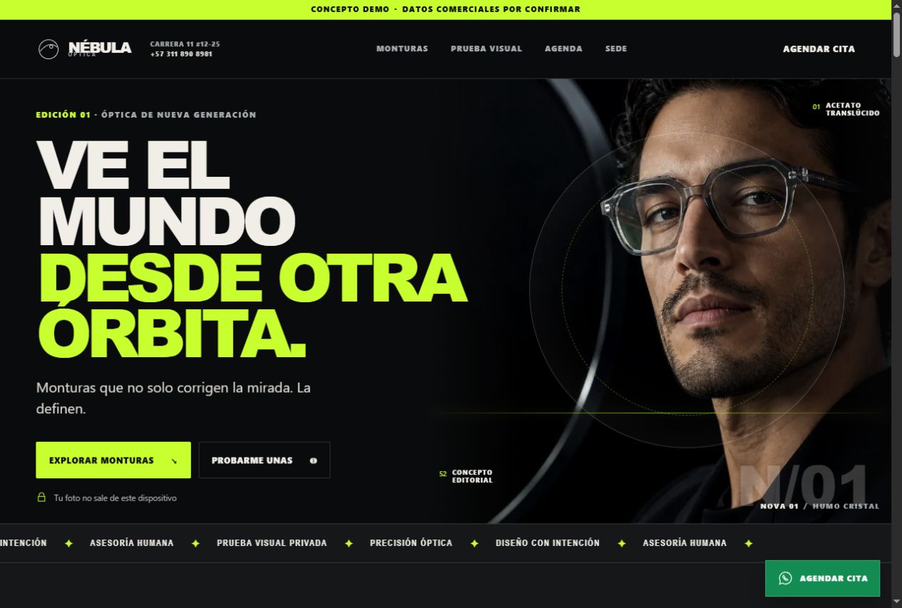 Captura real de Nébula Óptica: monturas y portada verde lima